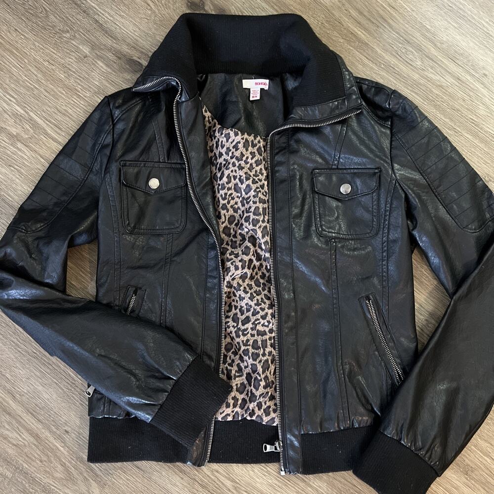 Bongo Womens M Black Bomber Jacket Full Zip Leopard Lining Biker Faux Leather